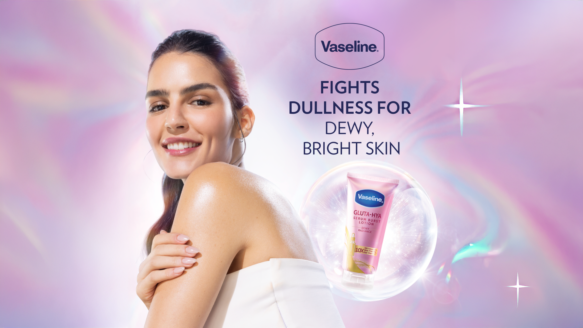 Vaseline Gluta-HYA product advertisement featuring a woman and the tagline &quot;Fights dullness for dewy, bright skin&quot;.