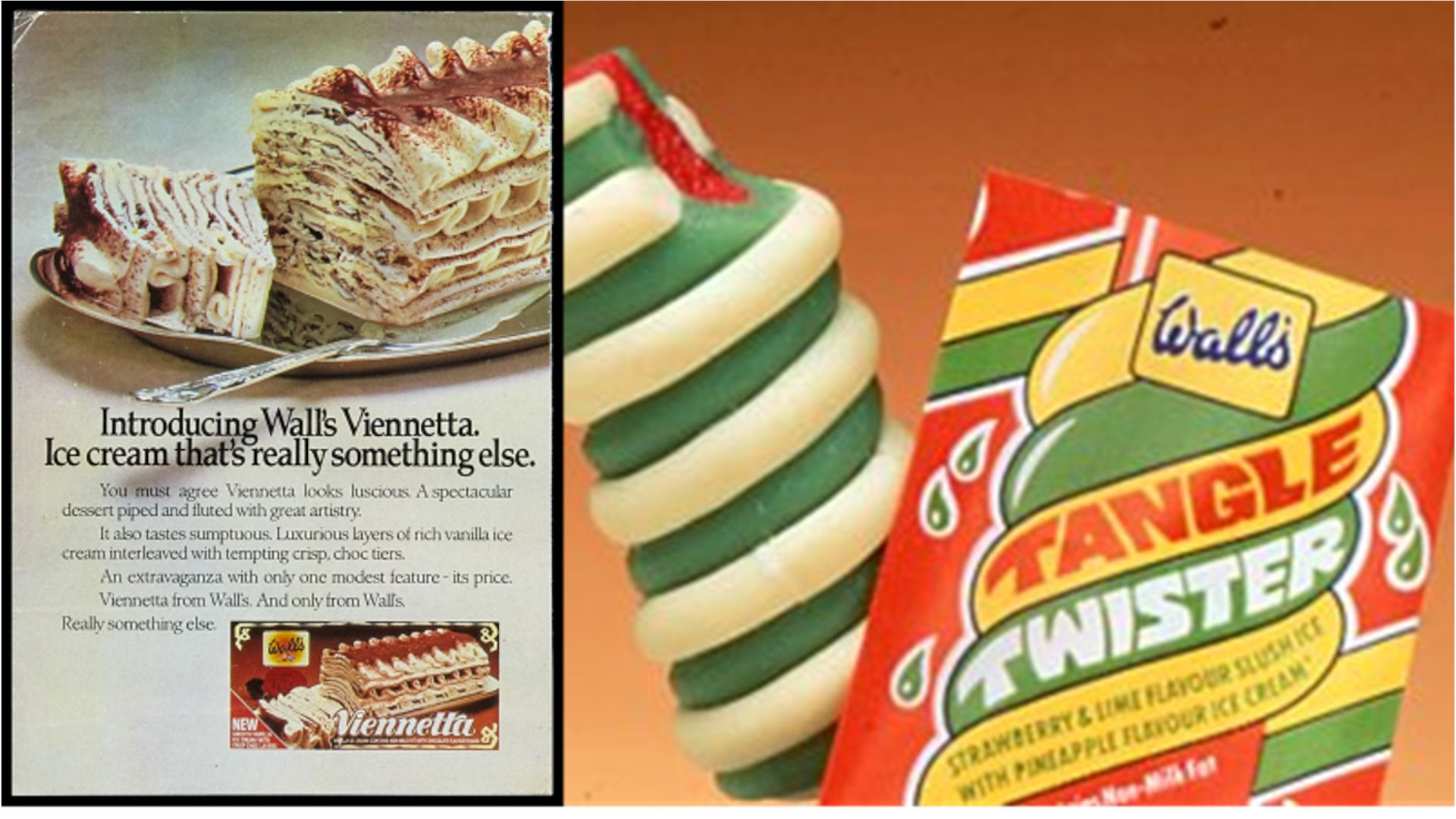 Poster of Wall’s Viennetta with slice of viennetta on a plate and poster of Wall’s Twister box 