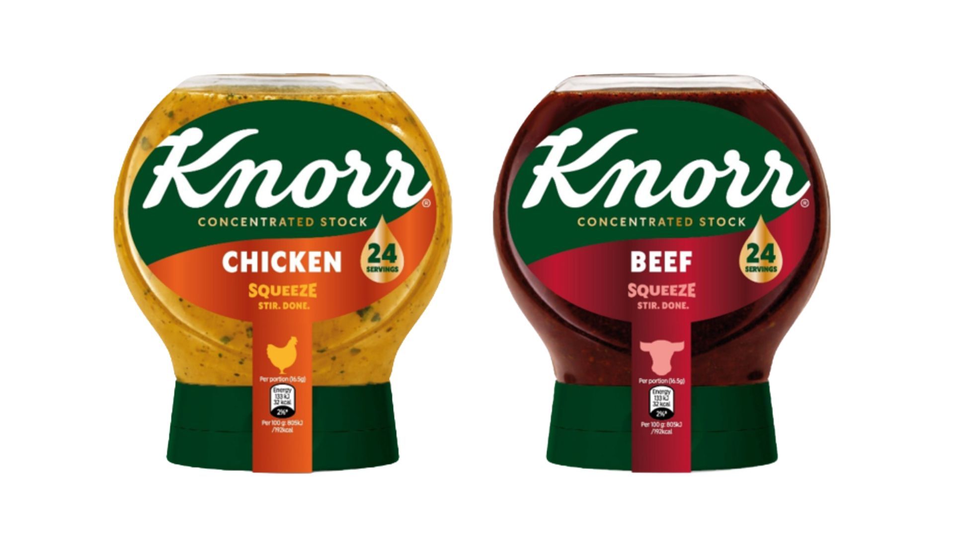 Knorr concentrated stock bottles in chicken and beef varieties