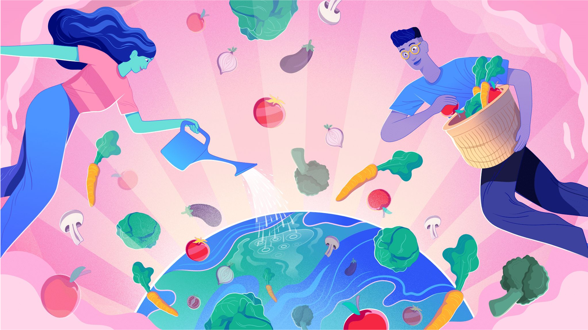 A man and a woman floating above the earth scattering vegetables. The woman is using a watering can.