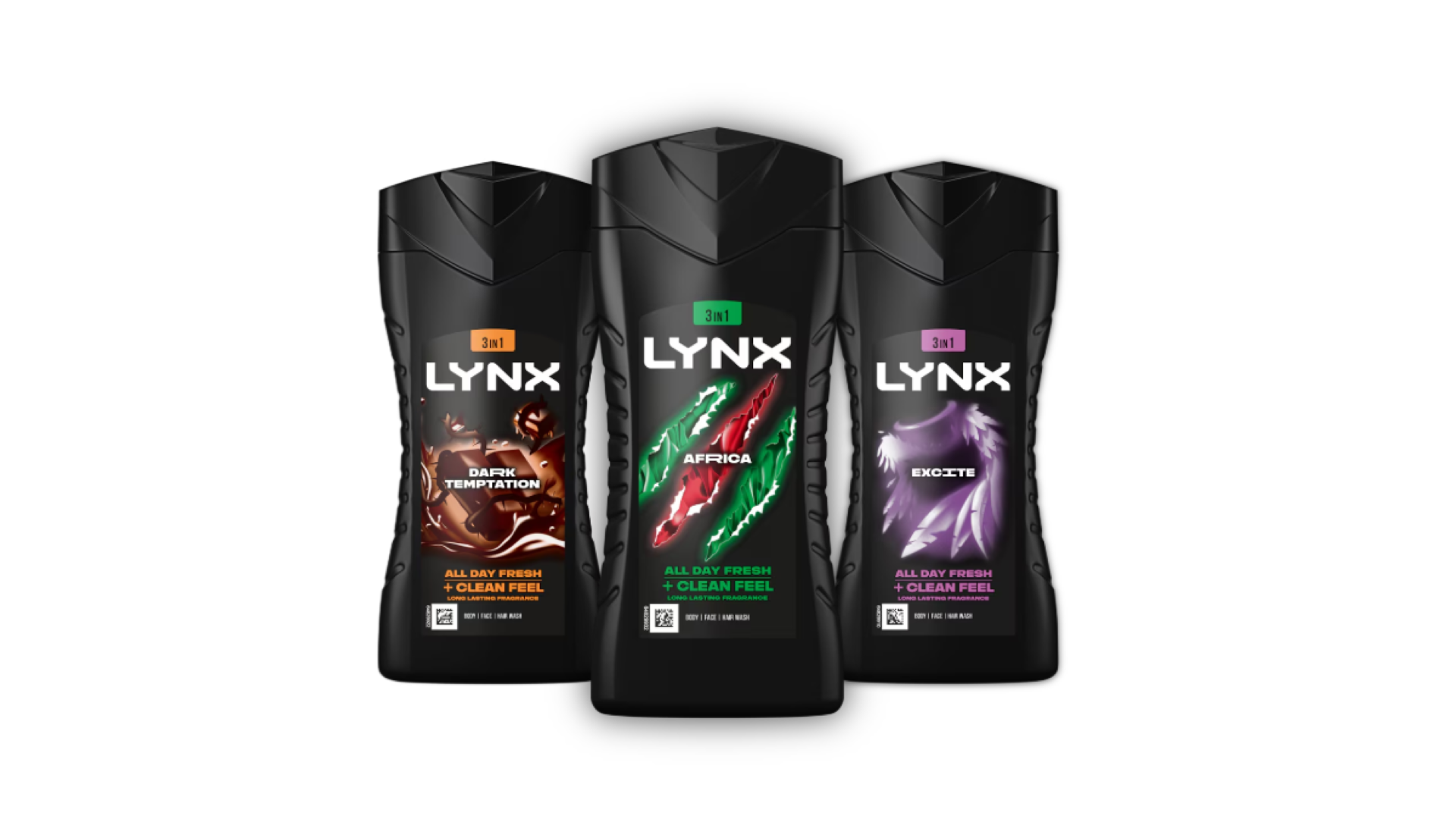 Three Lynx All Day Fresh bottles: Dark Temptation, Africa, and Excite, featuring a sleek black design with colorful labels.