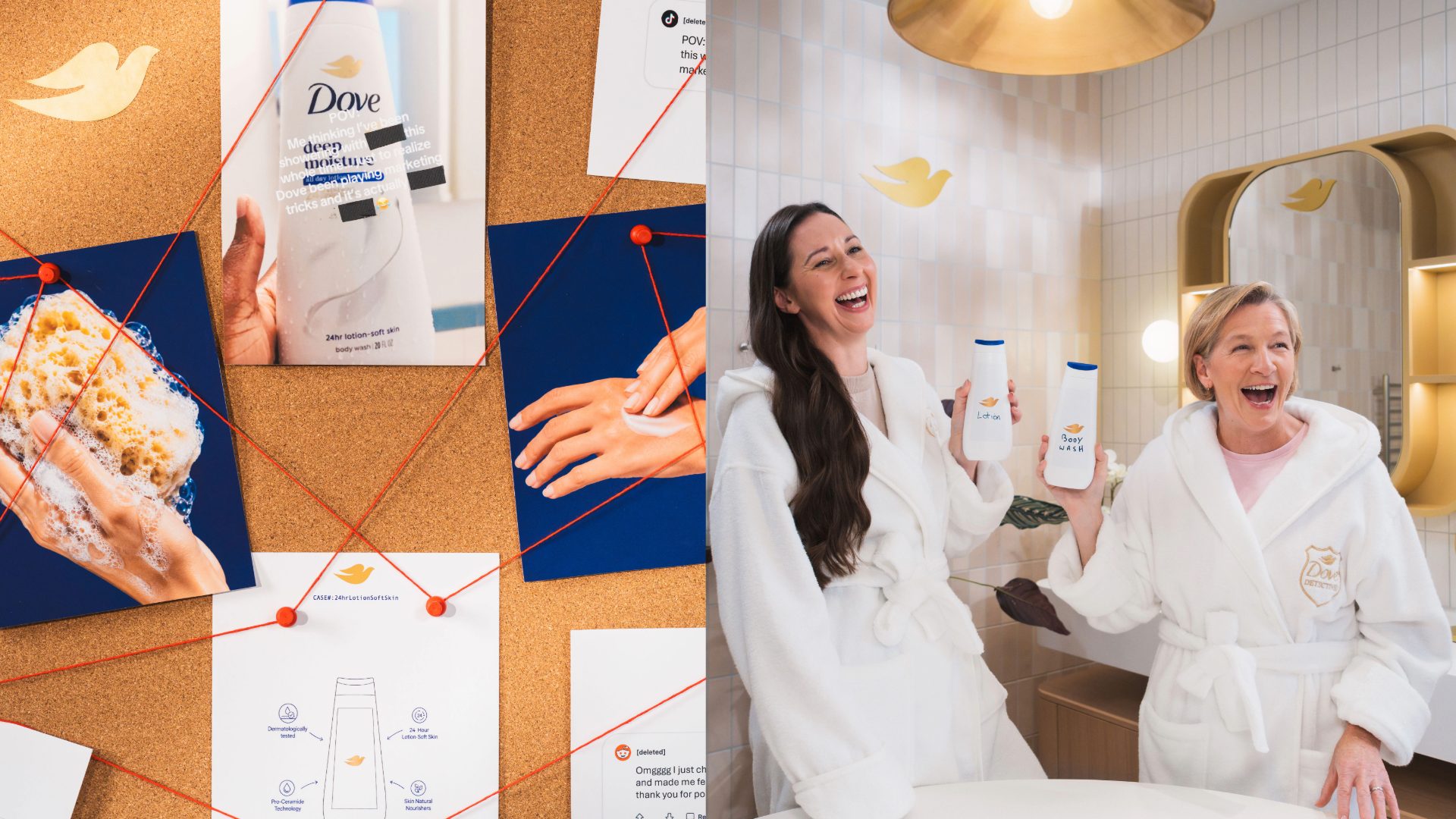 Two women in white robes laugh while holding Dove body wash bottles beside a product research board.