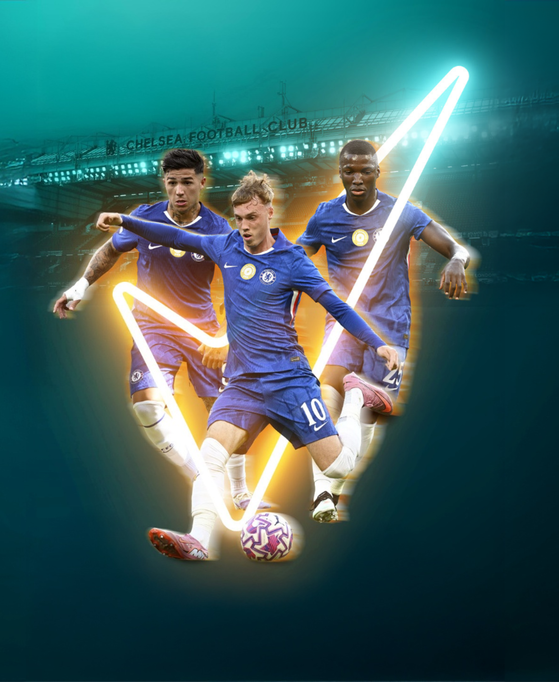 Chelsea players on top of a Sure logo