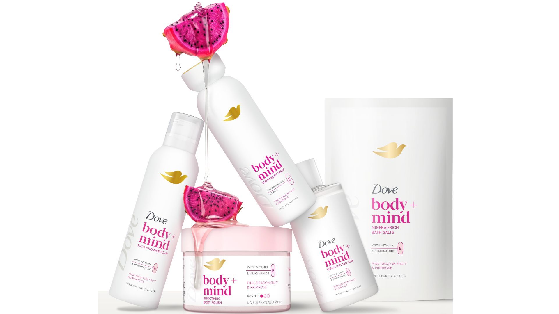  Dove body + mind Pink Dragonfruit & Primrose body care products featuring mood-boosting fragrance and skincare benefits.