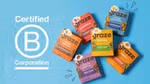 An image of the different graze oat bites on a blue background positioned next to the certification of B corporation.