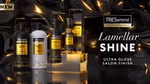 Shiny hair products from TRESemmé Lamellar Shine, including shine shampoo and conditioner. Black bottles with gold branding