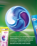 Close-up of Persil four-chamber laundry capsule with Comfort fragrance pack, emphasizing improved stain performance.