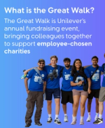 Smiling Unilever colleagues in Great Walk T-shirts stand together promoting an employee-led charity fundraising event.