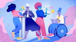 Illustration of four diverse women engaging with technology, including laptops and virtual reality, with a futuristic background.