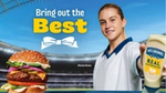 A burger and Hellmann's Real Mayonnaise is featured against a stadium backdrop, next to Alessia Russo.