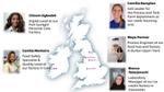Images of 5 women and their work locations on a map of the UK