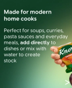 Hand holds Knorr concentrated chicken stock, made for soups, curries, pasta sauces and everyday meals.