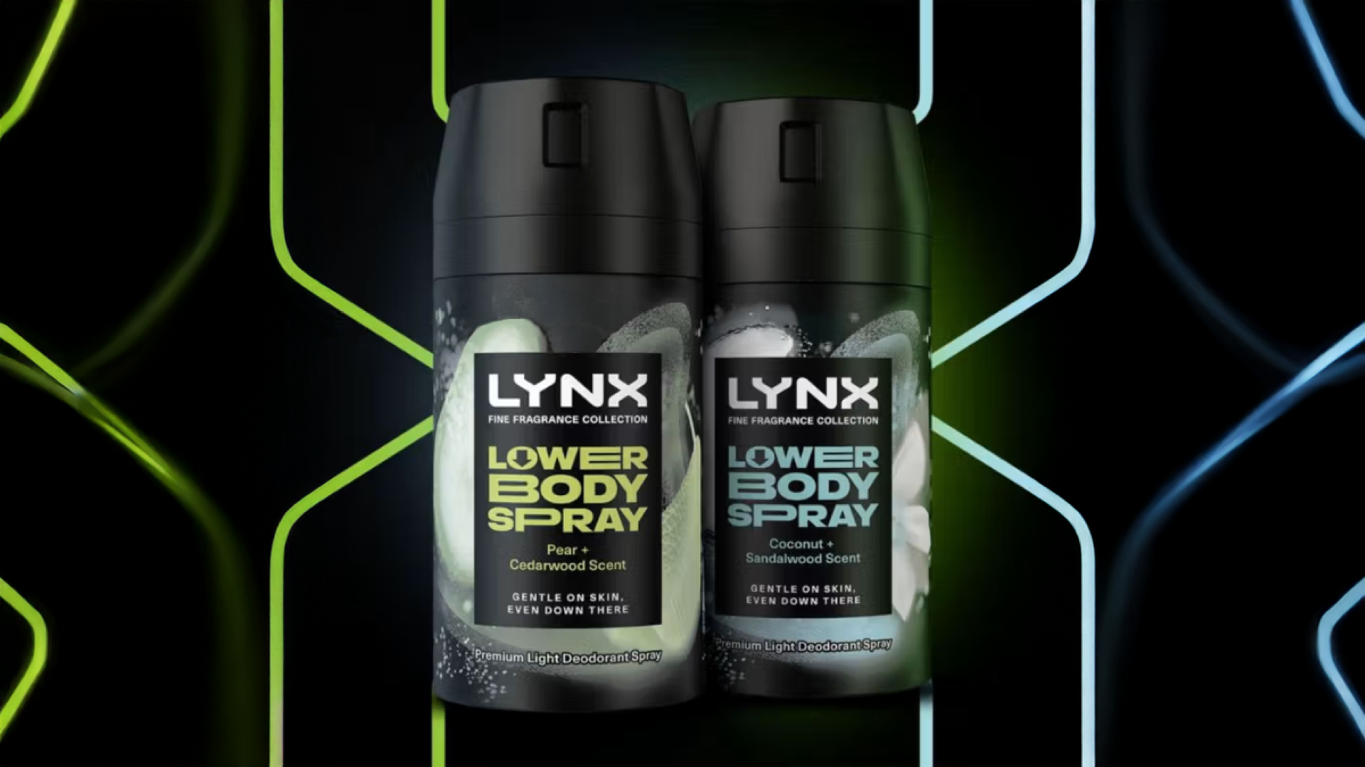 Two Lynx lower body spray bottles side by side, featuring Pear and Cedarwood scent, and Coconut and Sandalwood scent, against a neon background.