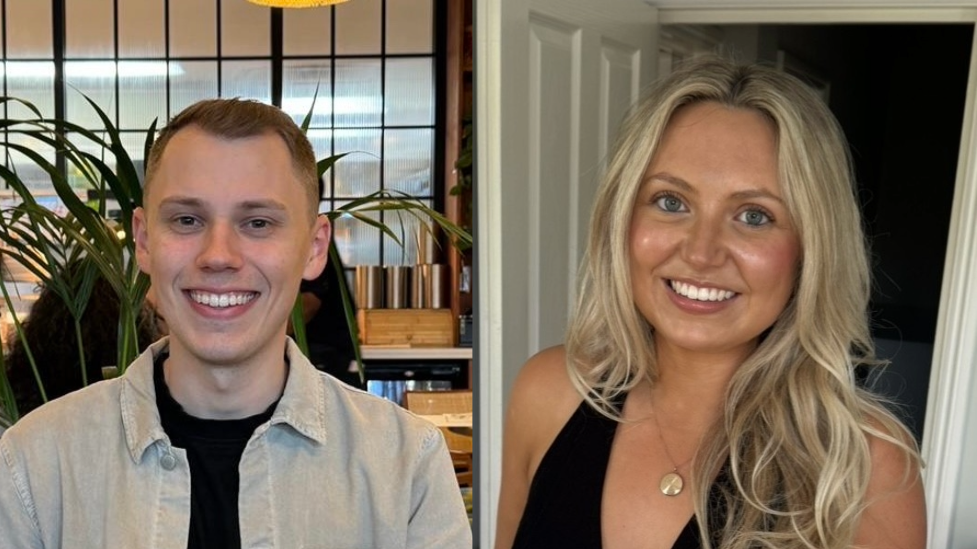 Side-by-side portraits of a smiling man and woman.