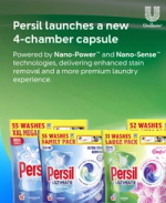 Persil launch graphic showcasing new four-chamber capsule range powered by Nano-Power and Nano-Sense technologies.