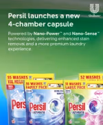 Persil launch graphic showcasing new four-chamber capsule range powered by Nano-Power and Nano-Sense technologies.