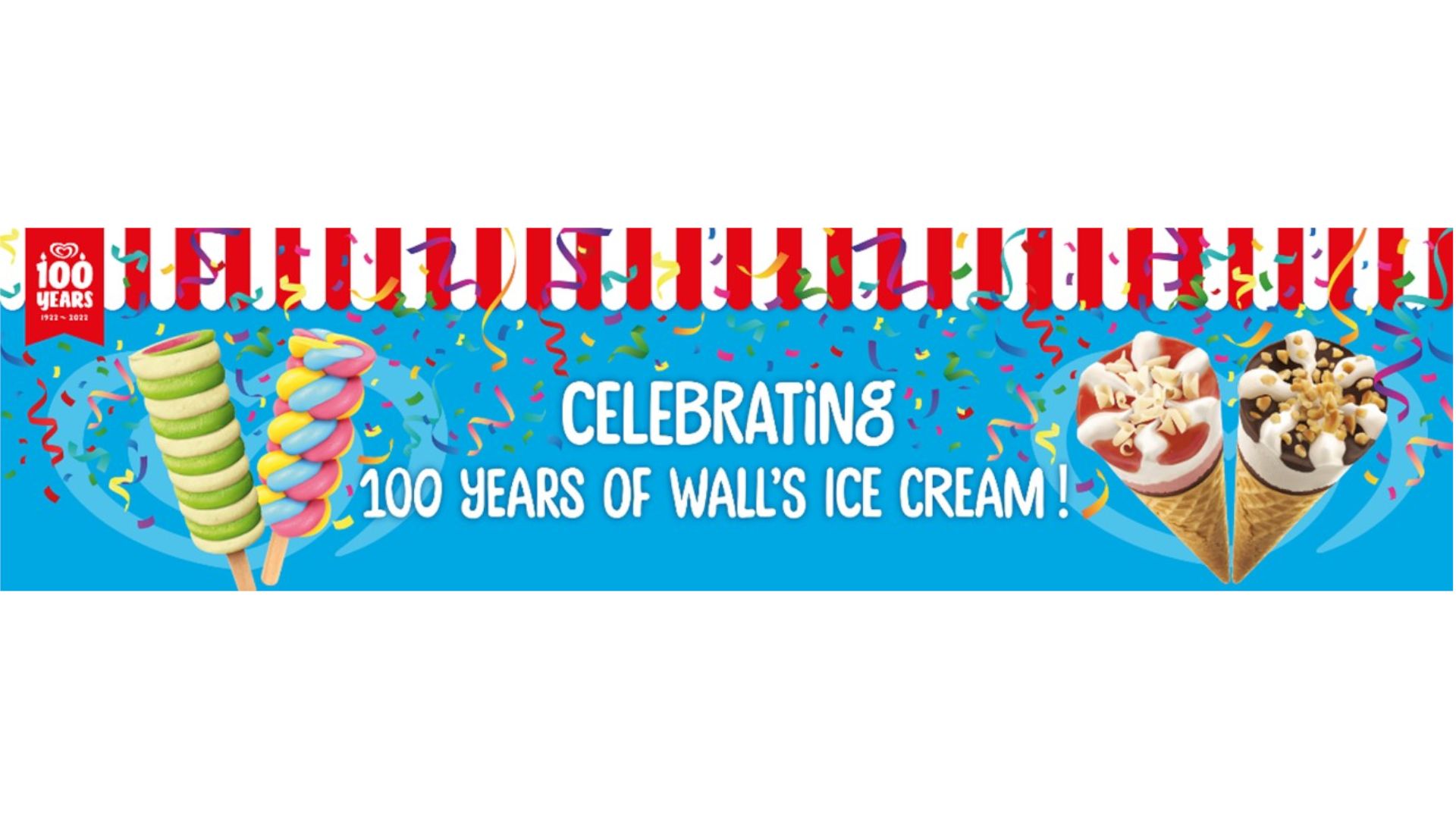 : Celebrating 100 years of Wall’s ice cream, with images of Twister and Cornetto ice creams and confetti