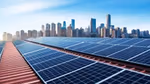 Solar panels on a building roof, with a view of a Chinese city skyline in the distance.