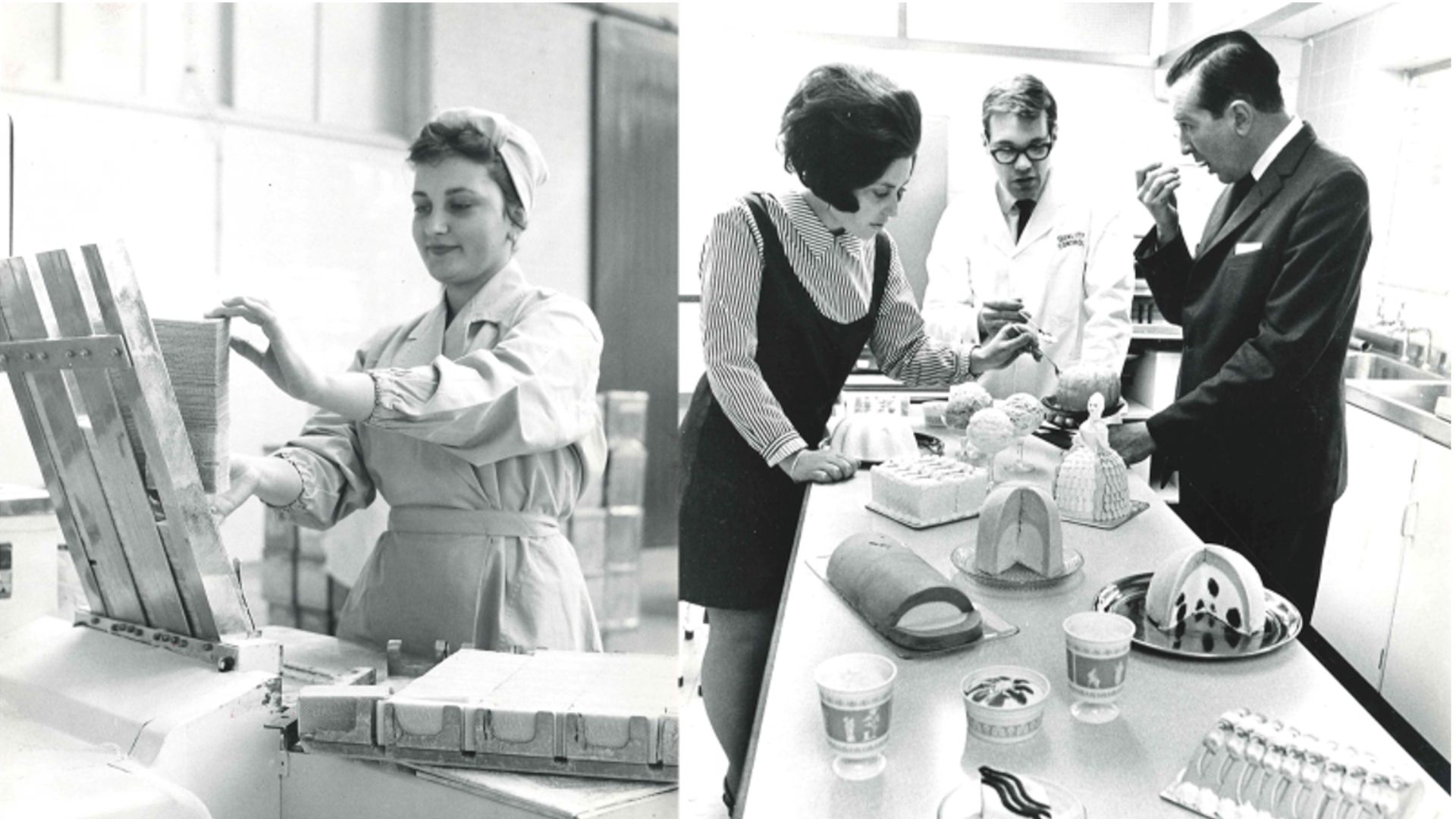 Black and white images of woman at ice cream factory and two men and woman tasting a selection of different ice creams