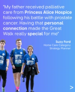 Three employees in Great Walk T-shirts walk together beside a quote about Princess Alice Hospice