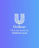 Unilever logo on a blue gradient background with text directing visitors to Unilever.co.uk.