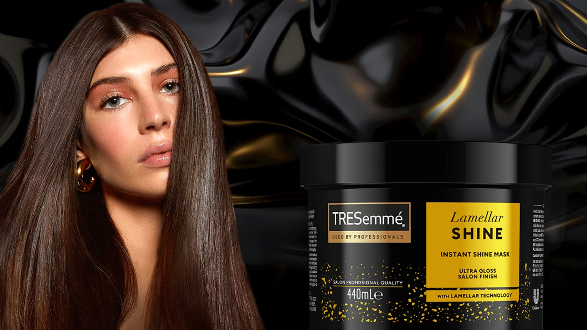 TRESemmé Lamellar Shine hair mask with model showcasing smooth, glossy hair.