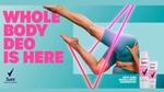 Person in yoga pose with Whole Body Deodorant products and neon pink text.