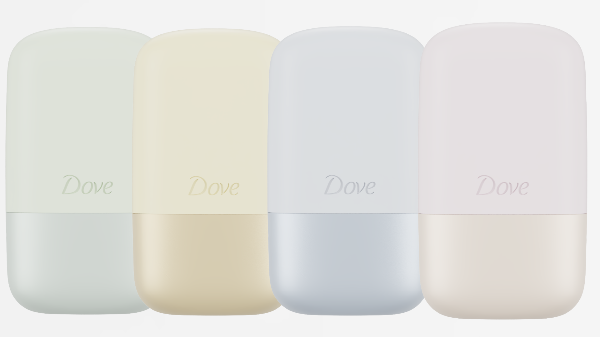 Four Dove deodorant containers in pastel colors: green, yellow, blue, and pink, each with a smooth, rounded design.