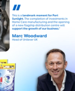 Marc Woodward quote about Port Sunlight investment supporting Unilever UK business growth, alongside Persil products and portrait.