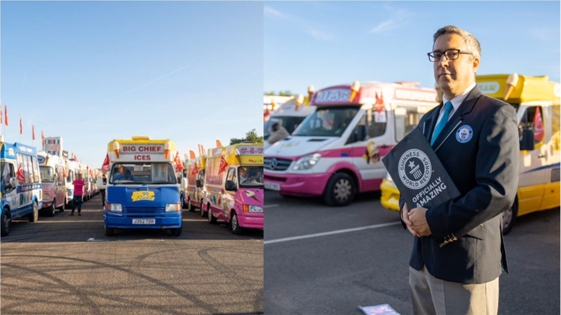 Man holding a Guinness World Record certificate and three lines of ice Wall’s ice cream vans lined up 