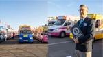 Man holding a Guinness World Record certificate and three lines of ice Wall’s ice cream vans lined up