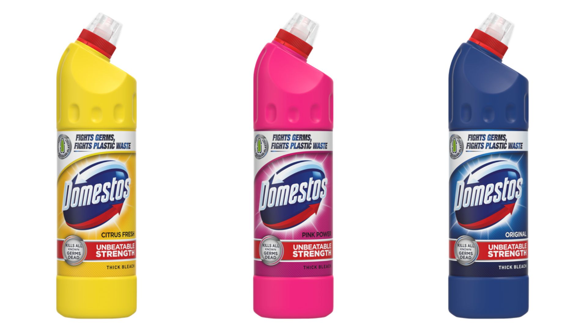yellow, pink and navy blue Domestos 750ml Unbeatable Strength bleach