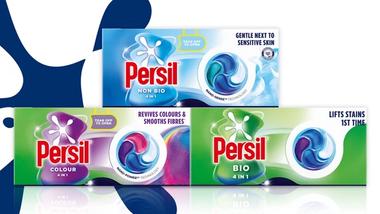 Three Persil detergent packs—Bio, Colour and Non Bio—highlighting stain removal and fabric care benefits with ‘new’ label.