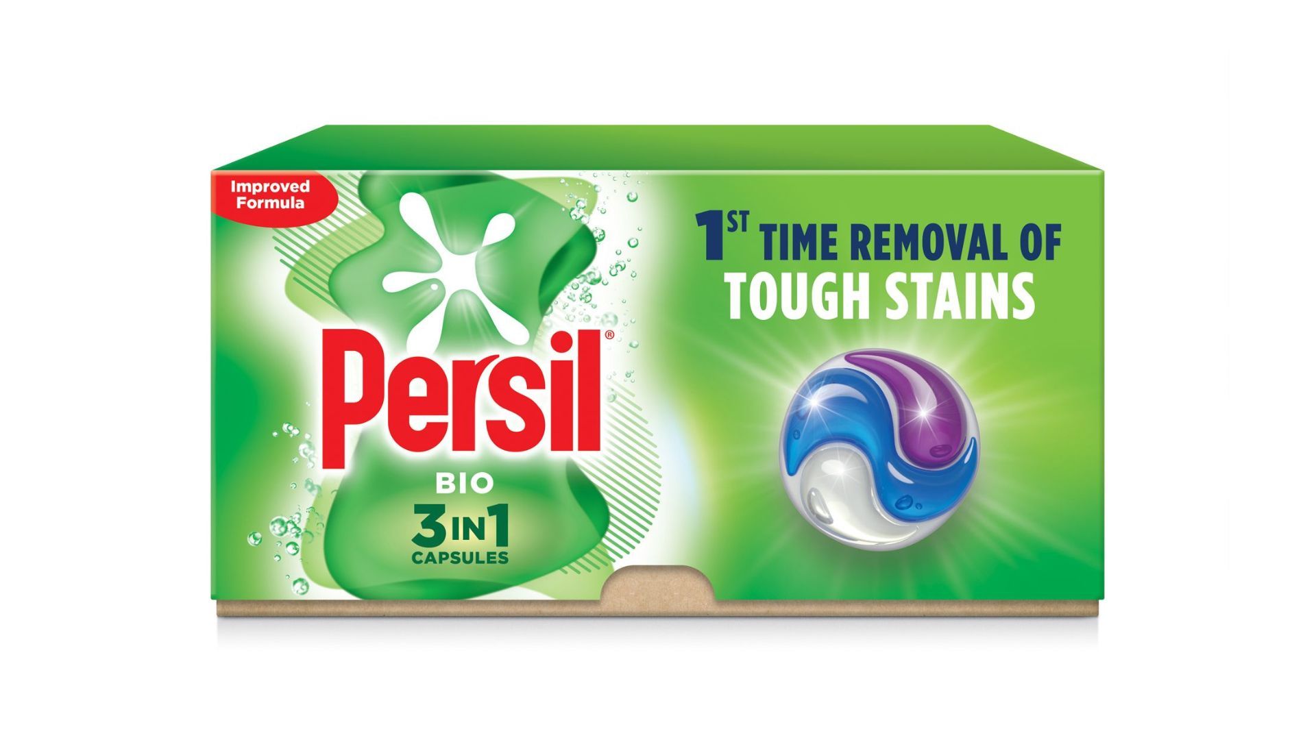 A pack-shot of Persil Bio 3-in-1 capsules with the text “1st time removal of tough stains” on the box.