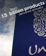 Unilever building with text “1.5 billion products delivered annually.