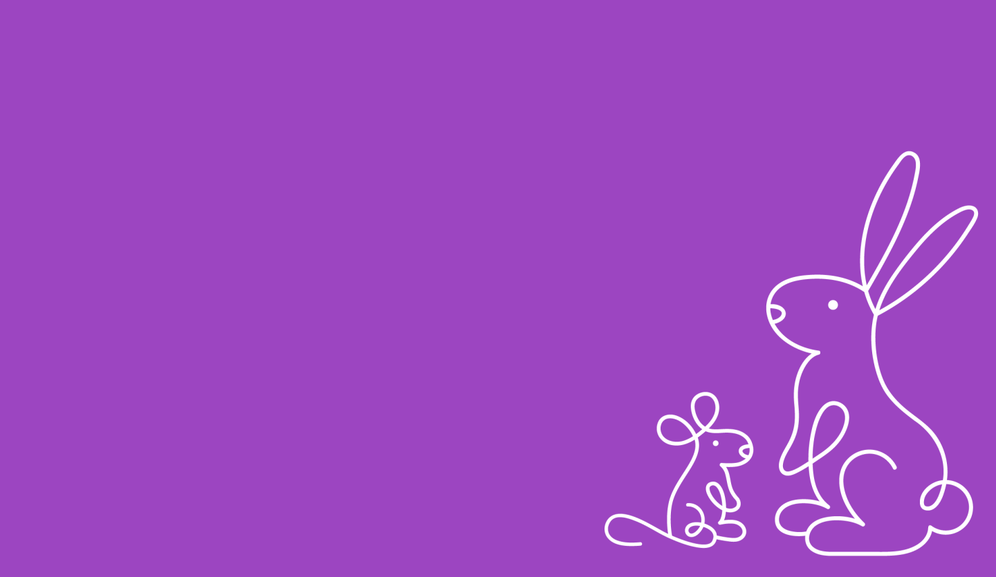 A purple background with a line-drawn rabbit and mouse in white.