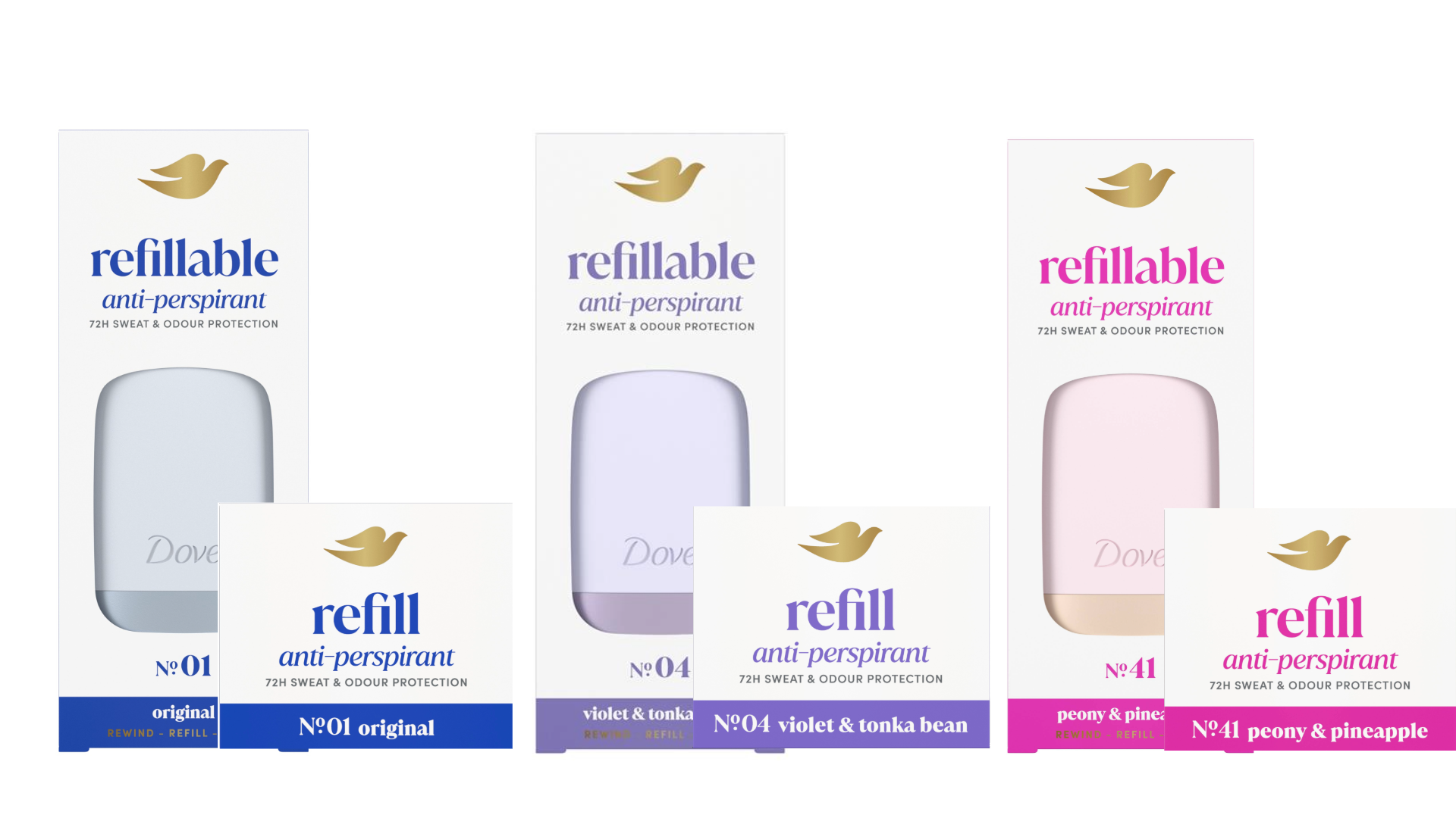 Dove refillable anti-perspirants in various scents, featuring packaging labeled with scent names and product details.