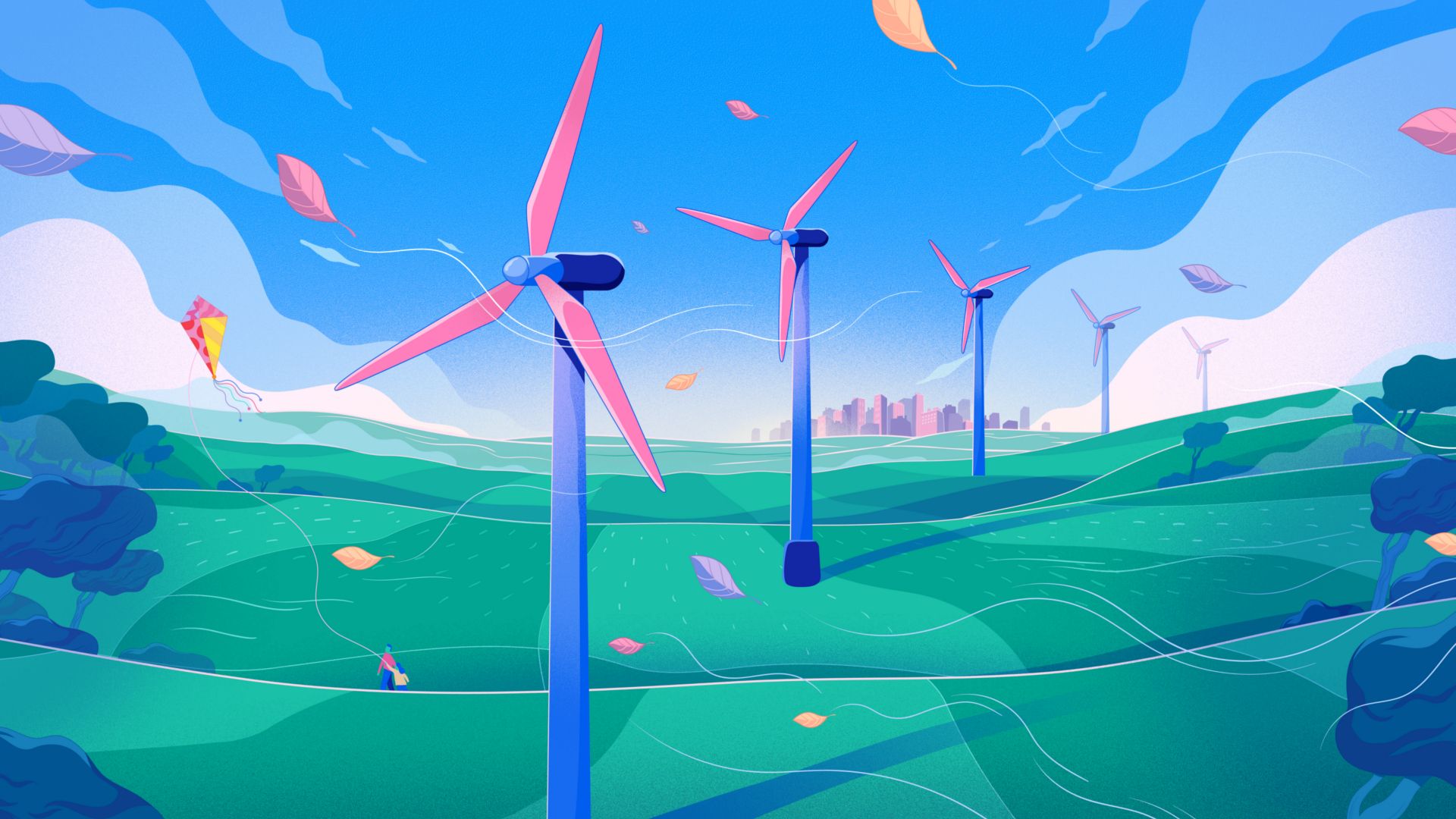An animated image of multiple wind turbines