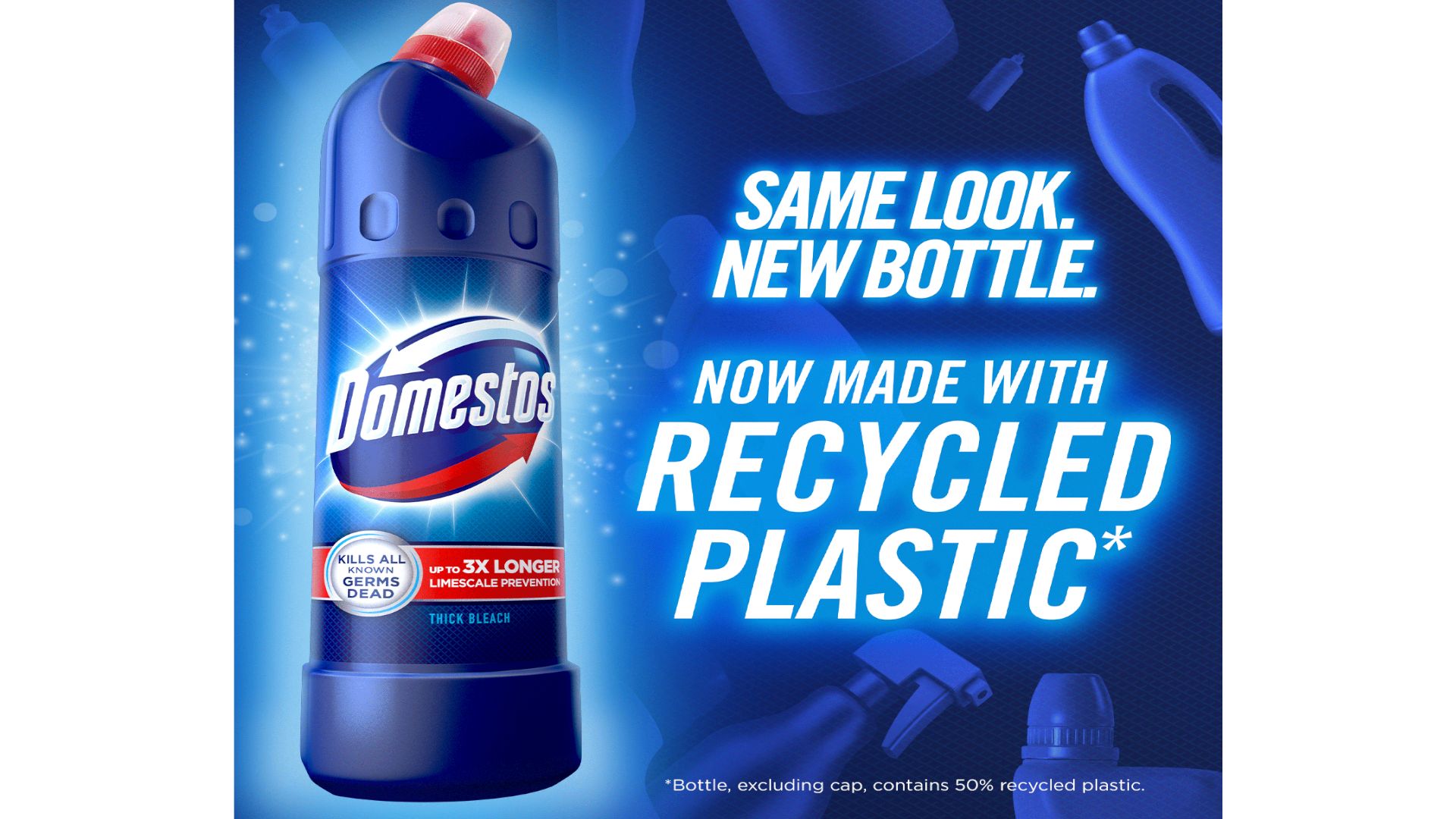 blue Domestos 750ml bleach bottle. Same look. New bottle. Now made with recycled plastic