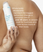 Hand holding Dove whole body deodorant on skin.